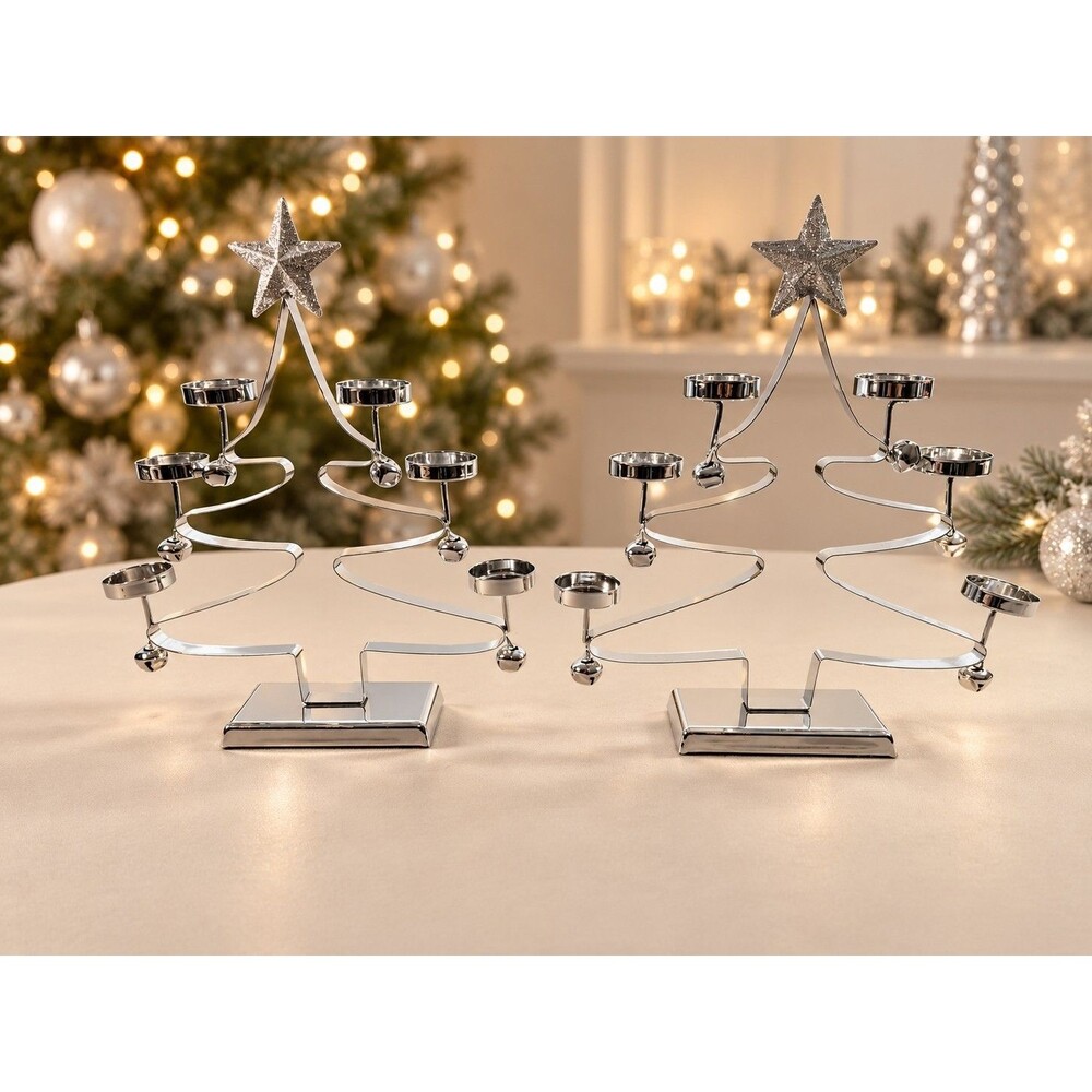 Set of 2 Silver Christmas Tree Tealight Candle Holders with Glitter Star Toppers
